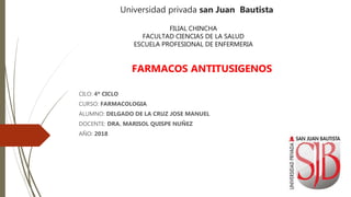 Universidad privada san Juan Bautista
CILO: 4º CICLO
CURSO: FARMACOLOGIA
ALUMNO: DELGADO DE LA CRUZ JOSE MANUEL
DOCENTE: DRA. MARISOL QUISPE NUÑEZ
AÑO: 2018
FILIAL CHINCHA
FACULTAD CIENCIAS DE LA SALUD
ESCUELA PROFESIONAL DE ENFERMERIA
FARMACOS ANTITUSIGENOS
 
