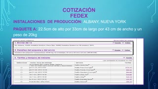 COTIZACIÓN
FEDEX
INSTALACIONES DE PRODUCCIÒN: ALBANY, NUEVA YORK
PAQUETE A: 22.5cm de alto por 33cm de largo por 43 cm de ancho y un
peso de 20kg

 