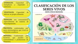 CLASIFICACIÓN DE LOS
SERES VIVOS
(SON CINCO REINOS)
ANIMALES: Capacidad de
reemplazar y responder a
estímulos.
VEGETALES: Capacidad de
fabricar su propio alimento.
HONGOS: son consumidores
especialmente de materia de
descomposición.
MÓNERA: Conformado por
bacterias que pueden ser
consumidoras o productoras de
alimentos.
PROTISTA: conformados por
seres microscópicos, que viven en
ambientes acuáticos.
 