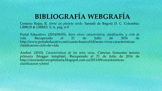 BIBLIOGRAFÍA WEBGRAFÍA
Centeno Rojas, R. tierra un planeta verde. Santafé de Bogotá D. C. Colombia:
LIBROS & LIBRES S. A. pág. 6-9
Portal Educativo. (2014/09/05). Seres vivos: característica, clasificación, y ciclo de
vida. Recuperado el 21 de Julio de 2016 de
http://www.portaleducativo.net/cuarto-basico/618/seres-vivos-caracteristicas-
clasificacion-ciclo-de-vida
Anshul. (2010). Características de los seres vivos, Ciencias Naturales tercero
primaria {blogger template}. Recuperado el 21 de Julio de 2016 de
http://cienciasterceroprimaria.blogspot.com.co/2011/09/caracteristicas-
clasificacion-y.html
 