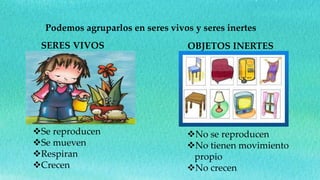 Podemos agruparlos en seres vivos y seres inertes
SERES VIVOS OBJETOS INERTES
Se reproducen
Se mueven
Respiran
Crecen
No se reproducen
No tienen movimiento
propio
No crecen
 