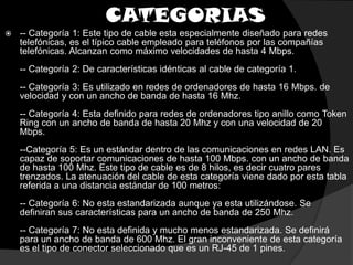 CATEGORIAS-- Categoría 1: Este tipo de cable esta especialmente diseñado para redes telefónicas, es el típico cable empleado para teléfonos por las compañías telefónicas. Alcanzan como máximo velocidades de hasta 4 Mbps.-- Categoría 2: De características idénticas al cable de categoría 1.-- Categoría 3: Es utilizado en redes de ordenadores de hasta 16 Mbps. de velocidad y con un ancho de banda de hasta 16 Mhz.-- Categoría 4: Esta definido para redes de ordenadores tipo anillo como Token Ring con un ancho de banda de hasta 20 Mhz y con una velocidad de 20 Mbps.--Categoría 5: Es un estándar dentro de las comunicaciones en redes LAN. Es capaz de soportar comunicaciones de hasta 100 Mbps. con un ancho de banda de hasta 100 Mhz. Este tipo de cable es de 8 hilos, es decir cuatro pares trenzados. La atenuación del cable de esta categoría viene dado por esta tabla referida a una distancia estándar de 100 metros:-- Categoría 6: No esta estandarizada aunque ya esta utilizándose. Se definiran sus características para un ancho de banda de 250 Mhz.-- Categoría 7: No esta definida y mucho menos estandarizada. Se definirá para un ancho de banda de 600 Mhz. El gran inconveniente de esta categoría es el tipo de conector seleccionado que es un RJ-45 de 1 pines.