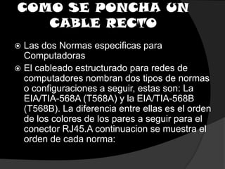 COMO SE PONCHA UN CABLE RECTO Las dos Normas especificas para Computadoras El cableado estructurado para redes de computadores nombran dos tipos de normas o configuraciones a seguir, estas son: La EIA/TIA-568A (T568A) y la EIA/TIA-568B (T568B). La diferencia entre ellas es el orden de los colores de los pares a seguir para el conector RJ45.A continuacion se muestra el orden de cada norma: