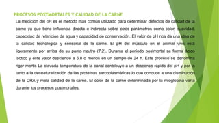 PROCESOS POSTMORTALES Y CALIDAD DE LA CARNE
La medición del pH es el método más común utilizado para determinar defectos de calidad de la
carne ya que tiene influencia directa e indirecta sobre otros parámetros como color, suavidad,
capacidad de retención de agua y capacidad de conservación. El valor de pH nos da una idea de
la calidad tecnológica y sensorial de la carne. El pH del músculo en el animal vivo está
ligeramente por arriba de su punto neutro (7.2), Durante el período postmortal se forma ácido
láctico y este valor desciende a 5.8 o menos en un tiempo de 24 h. Este proceso se denomina
rigor mortis La elevada temperatura de la canal contribuye a un descenso rápido del pH y por lo
tanto a la desnaturalización de las proteínas sarcoplasmàticas lo que conduce a una disminución
de la CRA y mala calidad de la carne. El color de la carne determinada por la mioglobina varía
durante los procesos postmortales.
 