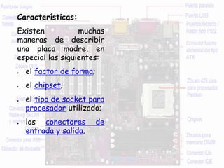 Características:
Existen muchas
maneras de describir
una placa madre, en
especial las siguientes:
 el factor de forma;
 el chipset;
 el tipo de socket para
procesador utilizado;
 los conectores de
entrada y salida.
 