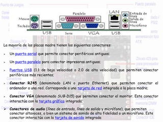 La mayoría de las placas madre tienen los siguientes conectores:
 Un puerto serial que permite conectar periféricos antiguos;
 Un puerto paralelo para conectar impresoras antiguas;
 Puertos USB (1.1 de baja velocidad o 2.0 de alta velocidad) que permiten conectar
periféricos más recientes;
 Conector RJ45 (denominado LAN o puerto Ethernet) que permiten conectar el
ordenador a una red. Corresponde a una tarjeta de red integrada a la placa madre;
 Conector VGA (denominado SUB-D15) que permiten conectar el monitor. Este conector
interactúa con la tarjeta gráfica integrada;
 Conectores de audio (línea de entrada, línea de salida y micrófono), que permiten
conectar altavoces, o bien un sistema de sonido de alta fidelidad o un micrófono. Este
conector interactúa con la tarjeta de sonido integrada
 