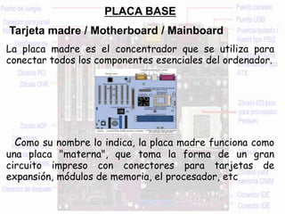 PLACA BASE
Tarjeta madre / Motherboard / Mainboard
La placa madre es el concentrador que se utiliza para
conectar todos los componentes esenciales del ordenador.
Como su nombre lo indica, la placa madre funciona como
una placa "materna", que toma la forma de un gran
circuito impreso con conectores para tarjetas de
expansión, módulos de memoria, el procesador, etc
 