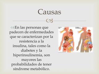 Causas
                  
 En las personas que
padecen de enfermedades
que se caracterizan por la
      resistencia a la
  insulina, tales como la
       diabetes y la
  hiperinsulinemia, son
       mayores las
 probabilidades de tener
  síndrome metabólico.
 