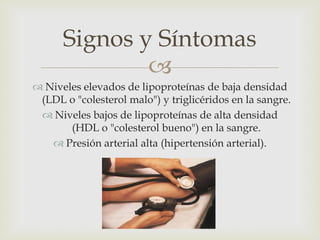 Signos y Síntomas
              
 Niveles elevados de lipoproteínas de baja densidad
 (LDL o "colesterol malo") y triglicéridos en la sangre.
  Niveles bajos de lipoproteínas de alta densidad
       (HDL o "colesterol bueno") en la sangre.
    Presión arterial alta (hipertensión arterial).
 