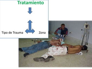 TRATAMIENTO QUIRURGICOTraumatismos abiertos o penetrantes y Traumatismos cerrados o contusosUna vez implementados los protocolos para cada tipo de traumatismo y decidida la laparotomía exploradora (con o sin diagnóstico de certeza) se realizará:El control del daño: maniobras rápidas y simples para control de la hemorragia y lesiones viscerales y la resucitación en UTITratamiento definitivo de las lesiones de acuerdo a SCORE que se utilizan para cada órgano y tipo de lesión