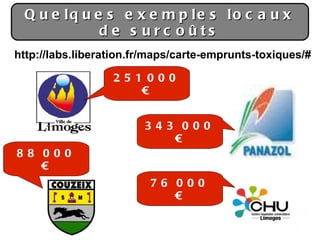 Quelques exemples locaux de surcoûts 76 000 € http://labs.liberation.fr/maps/carte-emprunts-toxiques/# 88 000 € 343 000 € 251 000 € 