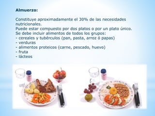 Almuerzo: 
Constituye aproximadamente el 30% de las necesidades 
nutricionales. 
Puede estar compuesto por dos platos o por un plato único. 
Se debe incluir alimentos de todos los grupos: 
- cereales y tubérculos (pan, pasta, arroz ó papas) 
- verduras 
- alimentos proteicos (carne, pescado, huevo) 
- fruta 
- lácteos 
 