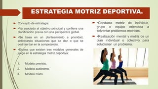 ESTRATEGIA MOTRIZ DEPORTIVA.
 •Conducta motriz de individuo,
grupo o equipo orientada a
solventar problemas motrices.
 •Realización mental y motriz de un
plan individual o colectivo para
solucionar un problema.
 Concepto de estrategia:
 •Va asociado al objetivo principal y conlleva una
planificación previa con una perspectiva global.
 •Se basa en un planteamiento a prioridad,
anticipando situaciones que se dan o que se
podrían dar en la competencia.
 •Estima que existen tres modelos generales de
juego en la estrategia motriz deportiva:
1. Modelo previsto.
2. Modelo autónomo.
3. Modelo mixto.
 