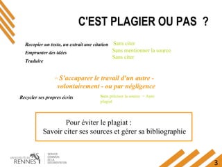 3
Recopier un texte, un extrait une citation
Emprunter des idées
Traduire
Recycler ses propres écrits Sans préciser la source = Auto
plagiat
Pour éviter le plagiat :
Savoir citer ses sources et gérer sa bibliographie
Sans citer
Sans mentionner la source
Sans citer
= S'accaparer le travail d'un autre -
volontairement - ou par négligence
C'EST PLAGIER OU PAS ?
 