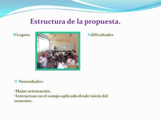 Estructura de la propuesta.
Logros.                              dificultades




 Necesidades:

•Mejor orientación.
•Interactuar en el campo aplicado desde inicio del
semestre.
 