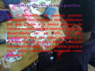 Nuestra experiencia en la practica

En el desarrollo de nuestra practica
pedagógica nos sentimos muy conformes
por que gracias a la básica primaria de
nuestra escuela normal superior logramos
desarrollarla en un 60%, es muy
gratificante que los niños gracias a la
elaboración del pesebre hayan reforzado
sus conocimientos y que nosotras gracia a
estos niños nos estemos formando como
maestras.
 