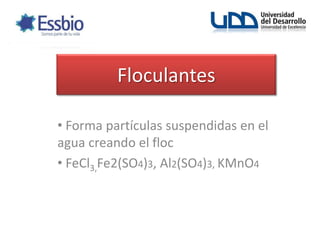 Floculantes Forma partículas suspendidas en el agua creando el floc
