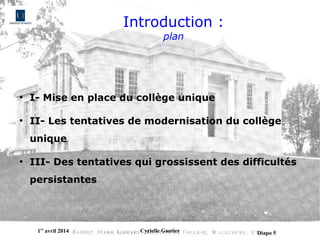 1er
avril 2014 Cyrielle Gautier Diapo 5
Introduction :
plan
●
I- Mise en place du collège unique
●
II- Les tentatives de modernisation du collège
unique
●
III- Des tentatives qui grossissent des difficultés
persistantes
 