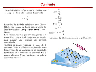 Corriente
Corriente
Corriente
Corriente
La resistividad se define como la relación entre
el campo eléctrico y la densidad de correinte
La unidad del SI de la resistividad es el Ohm·m
m]. Esta unidad se llama así en honor del
científico alemán Georg Simon Ohm (1787 -
1854).
Esta relación nos dice que entre más grande es la
resistividad, mayor es el campo que se necesita
para generar una densidad de corriente
determinada.
También se puede relacionar el valor de la
corriente I con la diferencia de potencial entre
los extremos de un conductor. Si las magnitudes
respectivas de la densidad de corriente J y el
campo eléctrico E son uniformes en todo el
conductor, entonces
La unidad del SI de la resistencia es el Ohm [ ].
 
