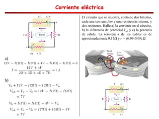 Corriente eléctrica
Corriente eléctrica
Corriente eléctrica
Corriente eléctrica
a)
b)
El circuito que se muestra, contiene dos baterías,
cada una con una fem y una resistencia interna, y
dos resistores. Halle a) la corriente en el circuito,
b) la diferencia de potencial Vab y c) la potencia
de salida. La resistencia de los cables es de
aproximadamente 0.15 y r = (0.06-0.09) .
 