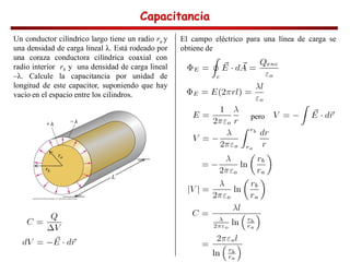 Capacitancia
Capacitancia
Capacitancia
Capacitancia
Un conductor cilíndrico largo tiene un radio ra y
una densidad de carga lineal . Está rodeado por
una coraza conductora cilíndrica coaxial con
radio interior rb y una densidad de carga lineal
. Calcule la capacitancia por unidad de
longitud de este capacitor, suponiendo que hay
vacío en el espacio entre los cilindros.
El campo eléctrico para una línea de carga se
obtiene de
pero
 