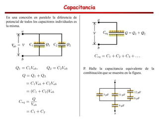 Capacitancia
Capacitancia
Capacitancia
Capacitancia
En una conexión en paralelo la diferencia de
potencial de todos los capacitores individuales es
la misma.
P. Halle la capacitancia equivalente de la
combinación que se muestra en la figura.
 