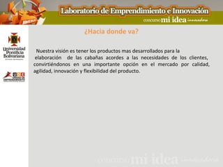 ¿Hacia donde va?

 Nuestra visión es tener los productos mas desarrollados para la
 elaboración de las cabañas acordes a las necesidades de los clientes,
convirtiéndonos en una importante opción en el mercado por calidad,
agilidad, innovación y flexibilidad del producto.
 