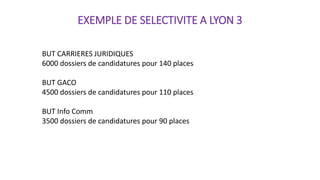 EXEMPLE DE SELECTIVITE A LYON 3
BUT CARRIERES JURIDIQUES
6000 dossiers de candidatures pour 140 places
BUT GACO
4500 dossiers de candidatures pour 110 places
BUT Info Comm
3500 dossiers de candidatures pour 90 places
 