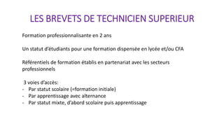 LES BREVETS DE TECHNICIEN SUPERIEUR
Formation professionnalisante en 2 ans
Un statut d’étudiants pour une formation dispensée en lycée et/ou CFA
Référentiels de formation établis en partenariat avec les secteurs
professionnels
3 voies d’accès:
- Par statut scolaire (=formation initiale)
- Par apprentissage avec alternance
- Par statut mixte, d’abord scolaire puis apprentissage
 