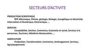 SECTEURS D’ACTIVITE
PRODUCTION SCIENTIFIQUE
BTP, Mécanique, Chimie, géologie, Biologie, Energétique et électricité,
Information et Numérique, Electronique, …
SERVICES
Comptabilité, Gestion, Commerce, Economie et social, Services à la
personnes, Tourisme, Hôtellerie-Restauration, …
AGRICULTURE
Production, Transformation, Commerce, Aménagement, Services,
Agroéquipements
 