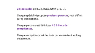 24 spécialités de B.U.T. (GEA, GMP, GTE, …).
Chaque spécialité propose plusieurs parcours, tous définis
sur le plan national.
Chaque parcours est défini par 4 à 6 blocs de
compétences.
Chaque compétence est déclinée par niveau tout au long
du parcours.
 