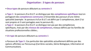 Organisation : 3 types de parcours
• Deux types de parcours débutant au semestre 3
o Type 1 : le parcours d’un B.U.T. se distingue par des compétences spécifiques tout en
partageant des compétences communes à l’ensemble des parcours d’une même
spécialité (exemple : le parcours A d’un B.U.T. est défini par 5 compétences, dont 2 lui
sont propres et 3 sont partagées avec le parcours B) ;
o Type 2 : le parcours d’un B.U.T. se distingue non pas par des compétences
spécifiques, mais par des niveaux de compétences, niveaux définis par les familles de
situations professionnelles ciblées ;
• Un type de parcours débutant au semestre 1
o Parcours de Type 3 : Cas particulier des spécialités actuellement définies par des
options affichées sur Parcoursup (Carrières sociales, Génie Biologique, Information et
Communication).
 
