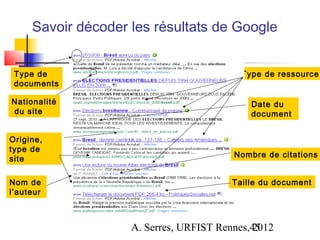 Savoir décoder les résultats de Google


 Type de                                  Type de ressource
 documents

Nationalité                                 Date du
du site                                     document


Origine,
type de
                                        Nombre de citations
site

Nom de                                  Taille du document
l’auteur



                    A. Serres, URFIST Rennes,45
                                             2012
 