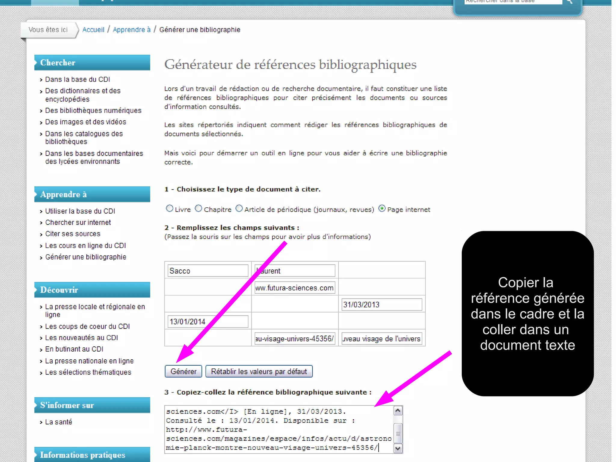 Copier la
référence générée
dans le cadre et la
coller dans un
document texte

 