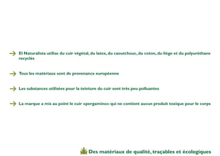 El Naturalista utilise du cuir végétal, du latex, du caoutchouc, du coton, du liège et du polyuréthane
recyclés


Tous les matériaux sont de provenance européenne


Les substances utilisées pour la teinture du cuir sont très peu polluantes


La marque a mis au point le cuir «pergamino» qui ne contient aucun produit toxique pour le corps




                                     Des matériaux de qualité, traçables et écologiques
 