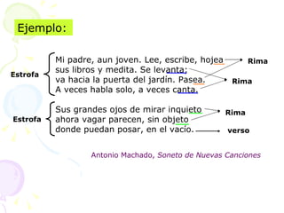 Mi padre, aun joven. Lee, escribe, hojea
sus libros y medita. Se levanta;
va hacia la puerta del jardín. Pasea.
A veces habla solo, a veces canta.
Sus grandes ojos de mirar inquieto
ahora vagar parecen, sin objeto
donde puedan posar, en el vacío.
Ejemplo:
verso
Estrofa
Estrofa
Antonio Machado, Soneto de Nuevas Canciones
Rima
Rima
Rima
 