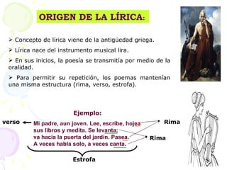 ORIGEN DE LA LÍRICA:
 Concepto de lírica viene de la antigüedad griega.
 Lírica nace del instrumento musical lira.
 En sus inicios, la poesía se transmitía por medio de la
oralidad.
 Para permitir su repetición, los poemas mantenían
una misma estructura (rima, verso, estrofa).
Ejemplo:
Mi padre, aun joven. Lee, escribe, hojea
sus libros y medita. Se levanta;
va hacia la puerta del jardín. Pasea.
A veces habla solo, a veces canta.
verso
Estrofa
Rima
Rima
 