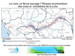 La Loire, un fleuve sauvage ? Risques et préventions
               des crues et inondations de la Loire.




45% environ de la surface des communes du site UNESCO est située en zone inondable.




                                         Joël Petit Décembre 2009
 