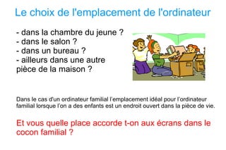 Le choix de l'emplacement de l'ordinateur - dans la chambre du jeune ? - dans le salon ? - dans un bureau ? - ailleurs dans une autre  pièce de la maison ? Dans le cas d'un ordinateur familial l’emplacement idéal pour l’ordinateur familial lorsque l’on a des enfants est un endroit ouvert dans la pièce de vie.  Et vous quelle place accorde t-on aux écrans dans le cocon familial ? 