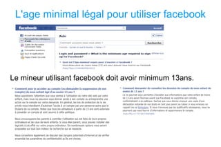 L'age minimal légal pour utiliser facebook Le mineur utilisant facebook doit avoir minimum 13ans. 