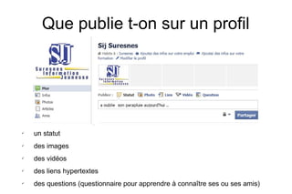 Que publie t-on sur un profil un statut  des images des vidéos des liens hypertextes des questions (questionnaire pour apprendre à connaître ses ou ses amis) 