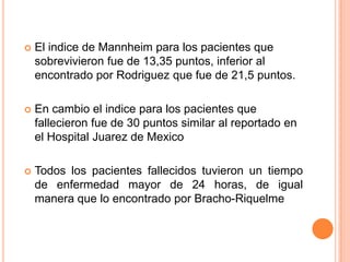 

El indice de Mannheim para los pacientes que
sobrevivieron fue de 13,35 puntos, inferior al
encontrado por Rodriguez que fue de 21,5 puntos.



En cambio el indice para los pacientes que
fallecieron fue de 30 puntos similar al reportado en
el Hospital Juarez de Mexico



Todos los pacientes fallecidos tuvieron un tiempo
de enfermedad mayor de 24 horas, de igual
manera que lo encontrado por Bracho-Riquelme

 