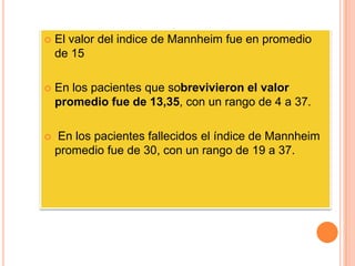 

El valor del indice de Mannheim fue en promedio
de 15



En los pacientes que sobrevivieron el valor
promedio fue de 13,35, con un rango de 4 a 37.



En los pacientes fallecidos el índice de Mannheim
promedio fue de 30, con un rango de 19 a 37.

 