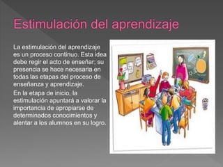 La estimulación del aprendizaje
es un proceso continuo. Esta idea
debe regir el acto de enseñar; su
presencia se hace necesaria en
todas las etapas del proceso de
enseñanza y aprendizaje.
En la etapa de inicio, la
estimulación apuntará a valorar la
importancia de apropiarse de
determinados conocimientos y
alentar a los alumnos en su logro.
 