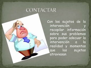 CONTACTARCon los sujetos de la intervención y recopilar información sobre sus problemas para poder adecuar la intervención a la realidad y momentos que los sujetos atraviesan 