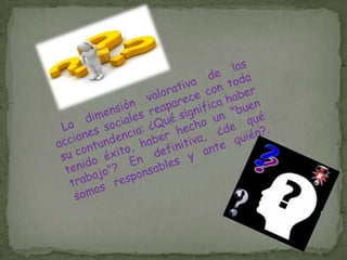  La dimensión valorativa de las acciones sociales reaparece con toda su contundencia: ¿Qué significa haber tenido éxito, haber hecho un "buen trabajo"? En definitiva, ¿de qué somos responsables y ante quién?.