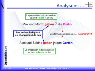 Analysons ... Max und Moritz  gehen  in die  Disko . Axel und Sabine  gehen  in den  Garten . L'ACCUSATIF Les verbes indiquent un changement de lieu La préposition indique que l'on  se rend  « dans »  un lieu La préposition indique que l'on  se rend  « dans »  un lieu Ces formes sont celles de ... 