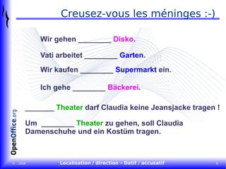 Creusez-vous les méninges :-) Wir gehen ________  Disko . Vati arbeitet ________  Garten . Wir kaufen ________  Supermarkt   ein. Ich gehe ________  Bäckerei . _______  Theater  darf Claudia keine Jeansjacke tragen ! Um  ________  Theater   zu gehen, soll Claudia  Damenschuhe und ein Kostüm tragen. 