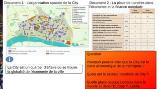 Document 1 : L’organisation spatiale de la City Document 2 : La place de Londres dans
l’économie et la finance mondiale
La City est un quartier d’affaire où se trouve
la globalité de l’économie de la ville
Question
Pourquoi peut-on dire que la City est le
cœur économique de la métropole ?
Quels est le secteur d’activité de City ?
Quelle place occupe Londres dans le
monde et dans l’Europe ? Justifie
 