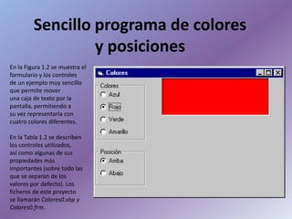 Sencillo programa de colores
                  y posiciones
En la Figura 1.2 se muestra el
formulario y los controles
de un ejemplo muy sencillo
que permite mover
una caja de texto por la
pantalla, permitiendo a
su vez representarla con
cuatro colores diferentes.

En la Tabla 1.2 se describen
los controles utilizados,
así como algunas de sus
propiedades más
importantes (sobre todo las
que se separan de los
valores por defecto). Los
ficheros de este proyecto
se llamarán Colores0.vbp y
Colores0.frm.
 